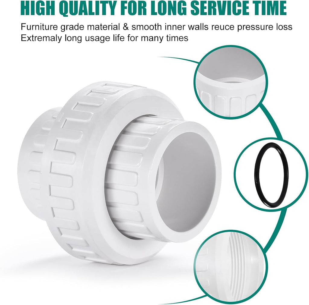 VYH 2" PVC Union Coupling Pipe Fitting,2" PVC Slip Union Schedule 40, PVC Adapter(Socket x Socket), built-in EPDM O-Ring, White （2 Pack）