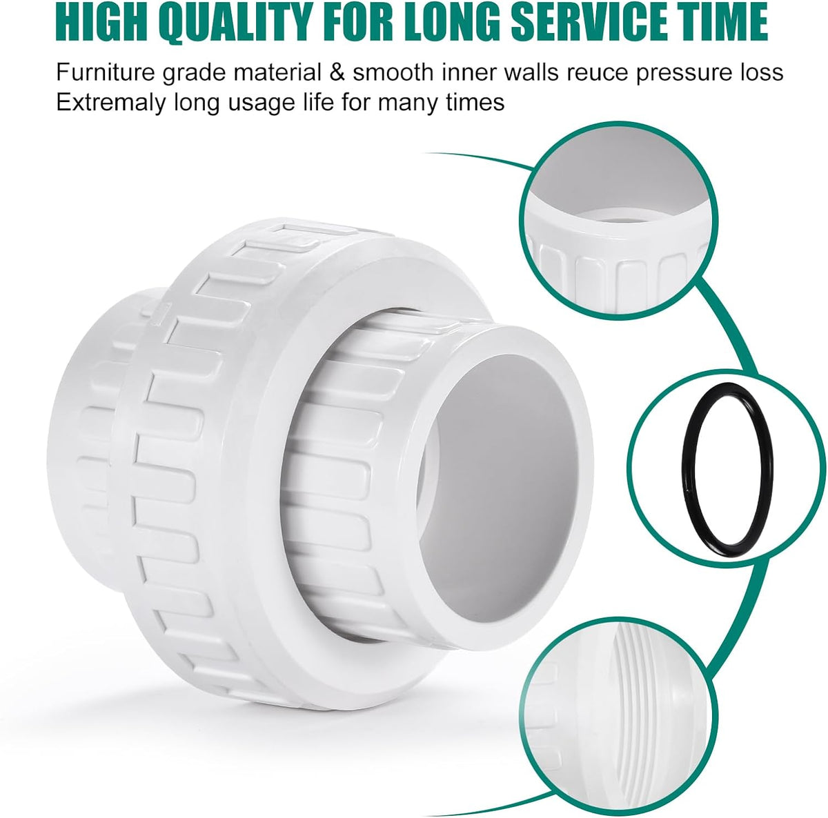 VYH 1" PVC Union Coupling Pipe Fitting,1" PVC Slip Union Schedule 40, PVC Adapter(Socket x Socket), built-in EPDM O-Ring, White (2 Pack)