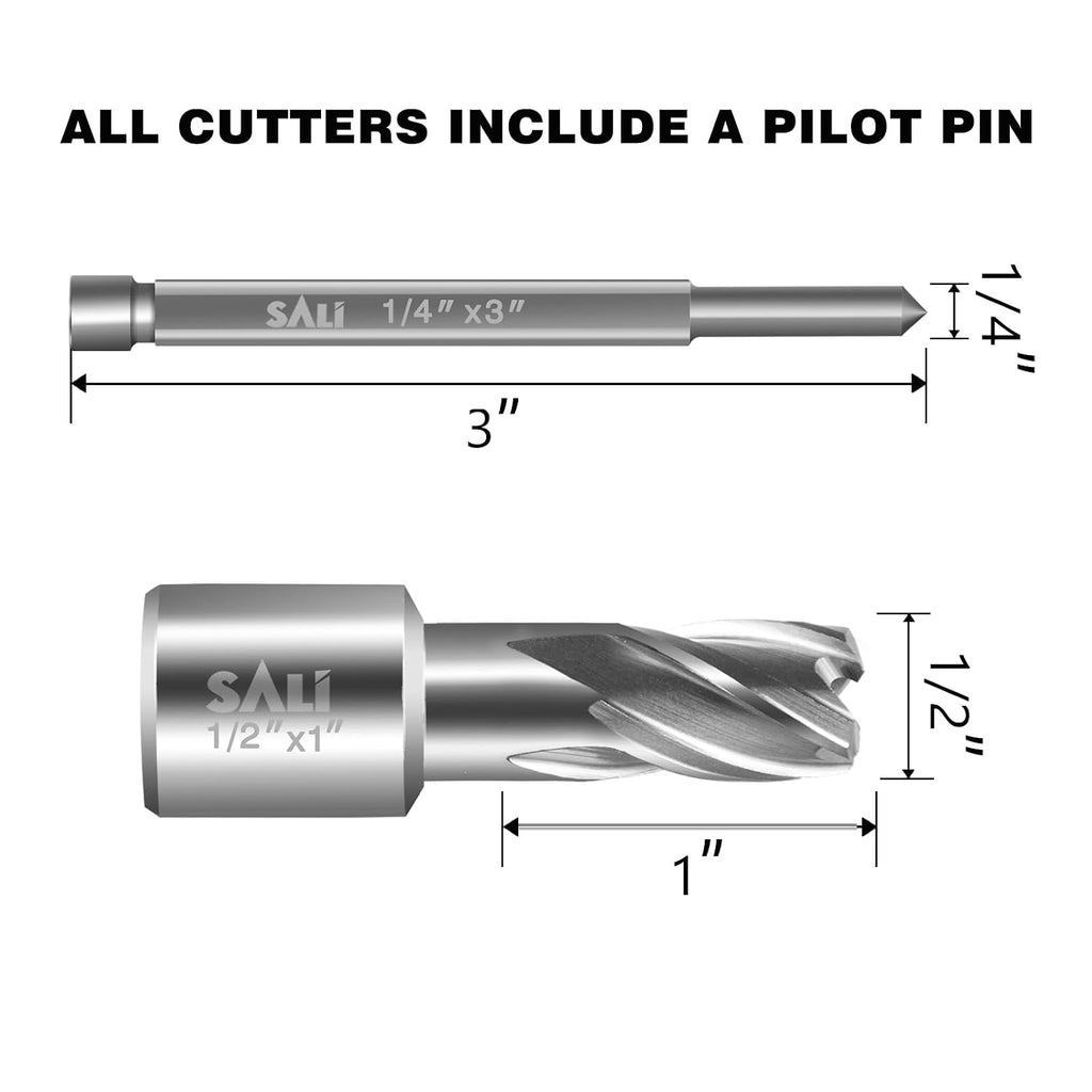 SALI Annular Cutter Diameter 1/2 Inch with Weldon Shank 3/4" (with 2 Flats) Cutting Depth 1" Mag Drill Bit for Magnetic Drill Press HSS Fully Ground Drill with One 1/4"*3" Pilot Pin