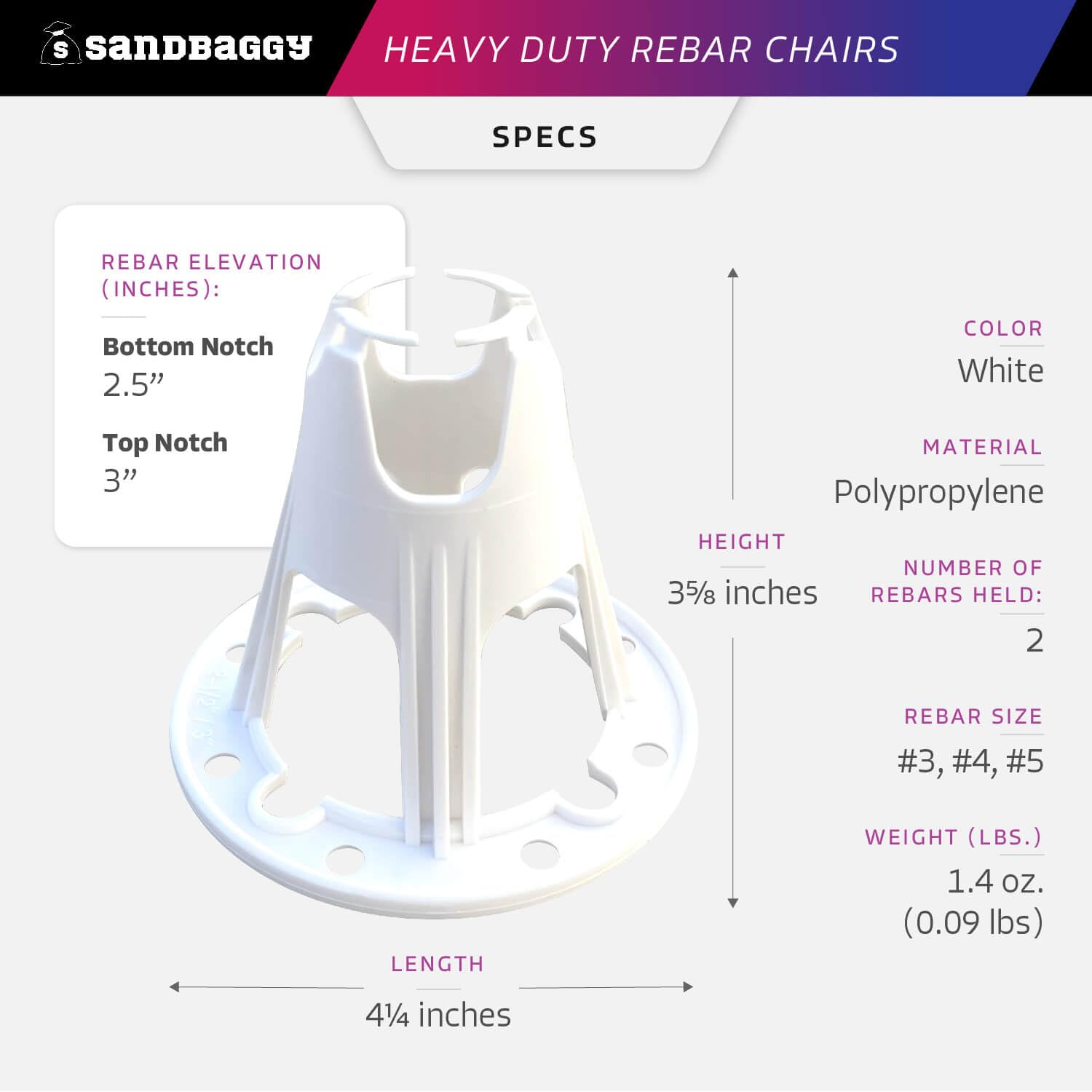 Plastic Rebar Chairs - Elevates 2-1/2" or 3" - Concrete Chair Supports Rebar #3 to #5 and Steel Wire Mesh (100, 2.5"