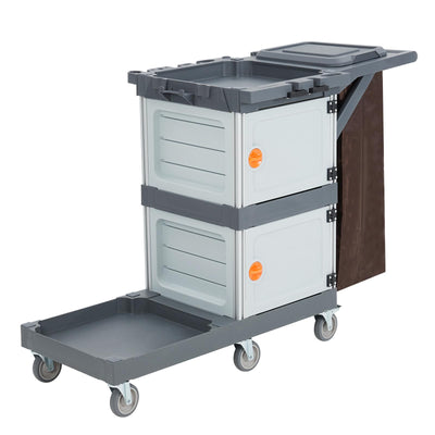 Commercial Janitorial Cart with 2 Cabinet, Traditional Janitorial 3-Shelf Cleaning Cart On Wheels, Plastic