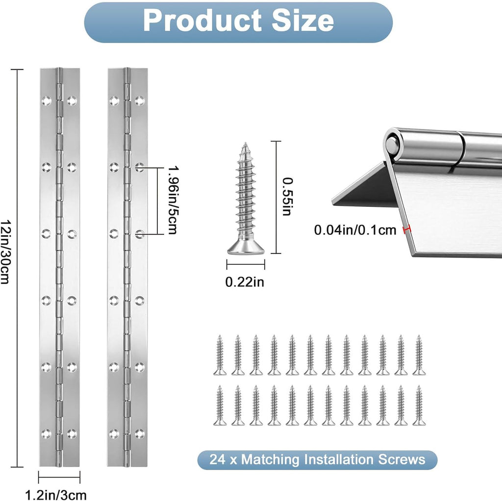 2 Pcs Piano Hinge, 12 Inch Stainless Steel Hinges with 24 Screws