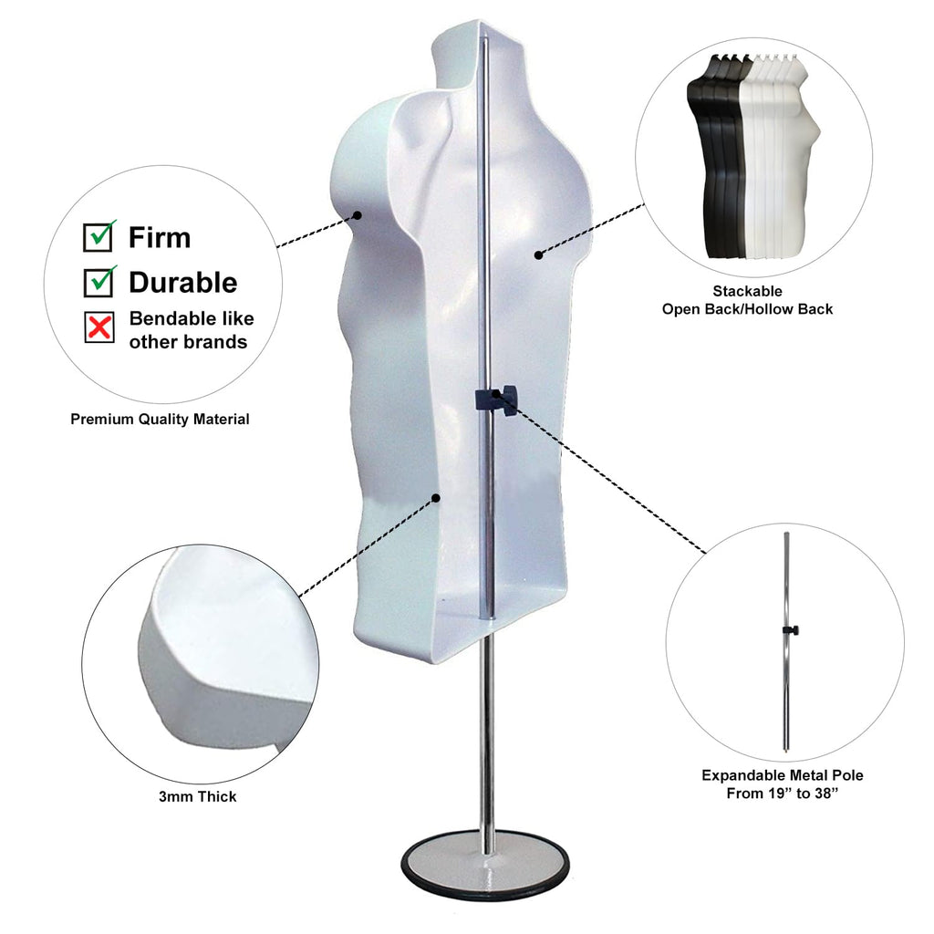 Male Mannequin Torso with Metal Stand Hollow Back Body Stackable Dress Form for Tshirt Display, Countertop, Craft