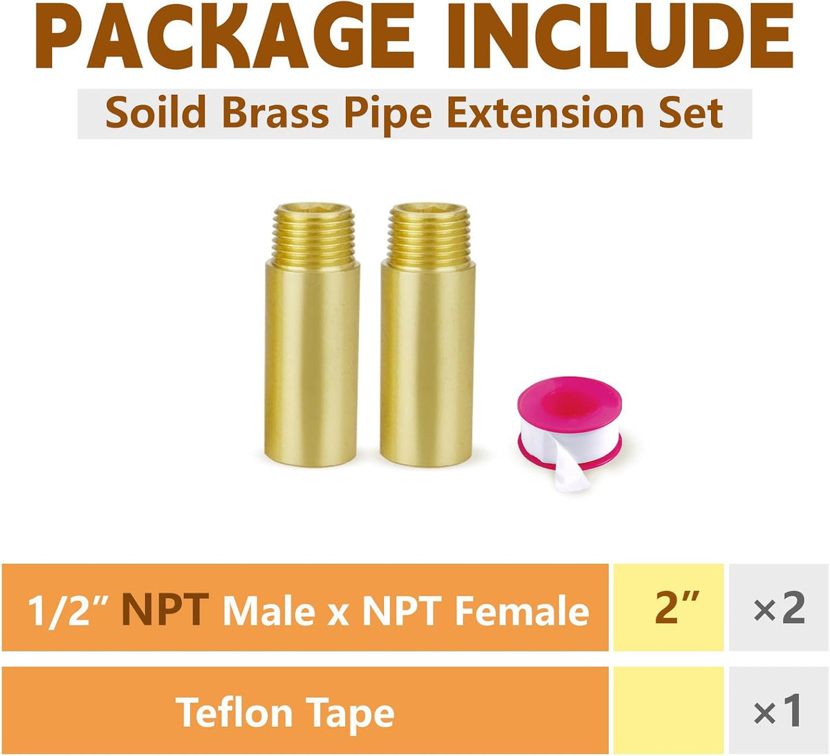 2" Length Brass Pipe Extender, 1/2" NPT Thread Pipe Fittings Long Nipple