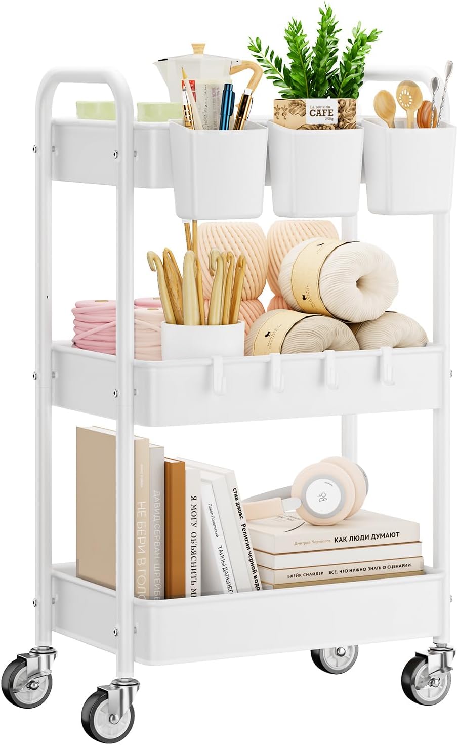 3 Tier Rolling Cart, Heavy Duty Metal Utility Cart with Wheel White