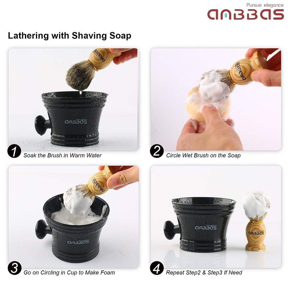 4IN1 Badger Hair Shaving Brush Set Lather for Men Smooth Wet Shave | and Soap Bowl Stand Good Water Absorption Skin