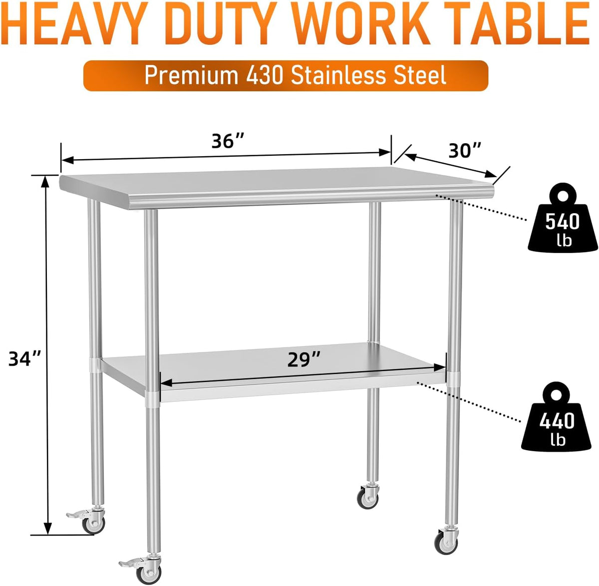 Stainless Steel Prep Table 30 x 36 with Wheel Casters