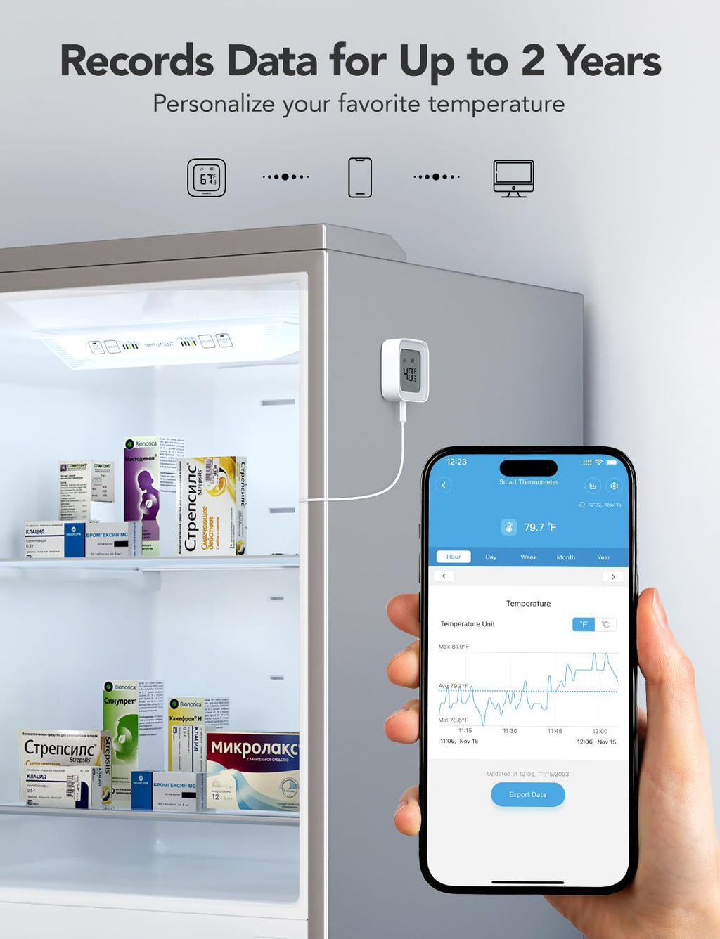 Bluetooth Refrigerator Thermometer with LCD Disaplay, 1-Pack
