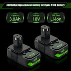 LORDONE 3000mAh P108 Replacement Battery for Ryobi 18V,2 Pack