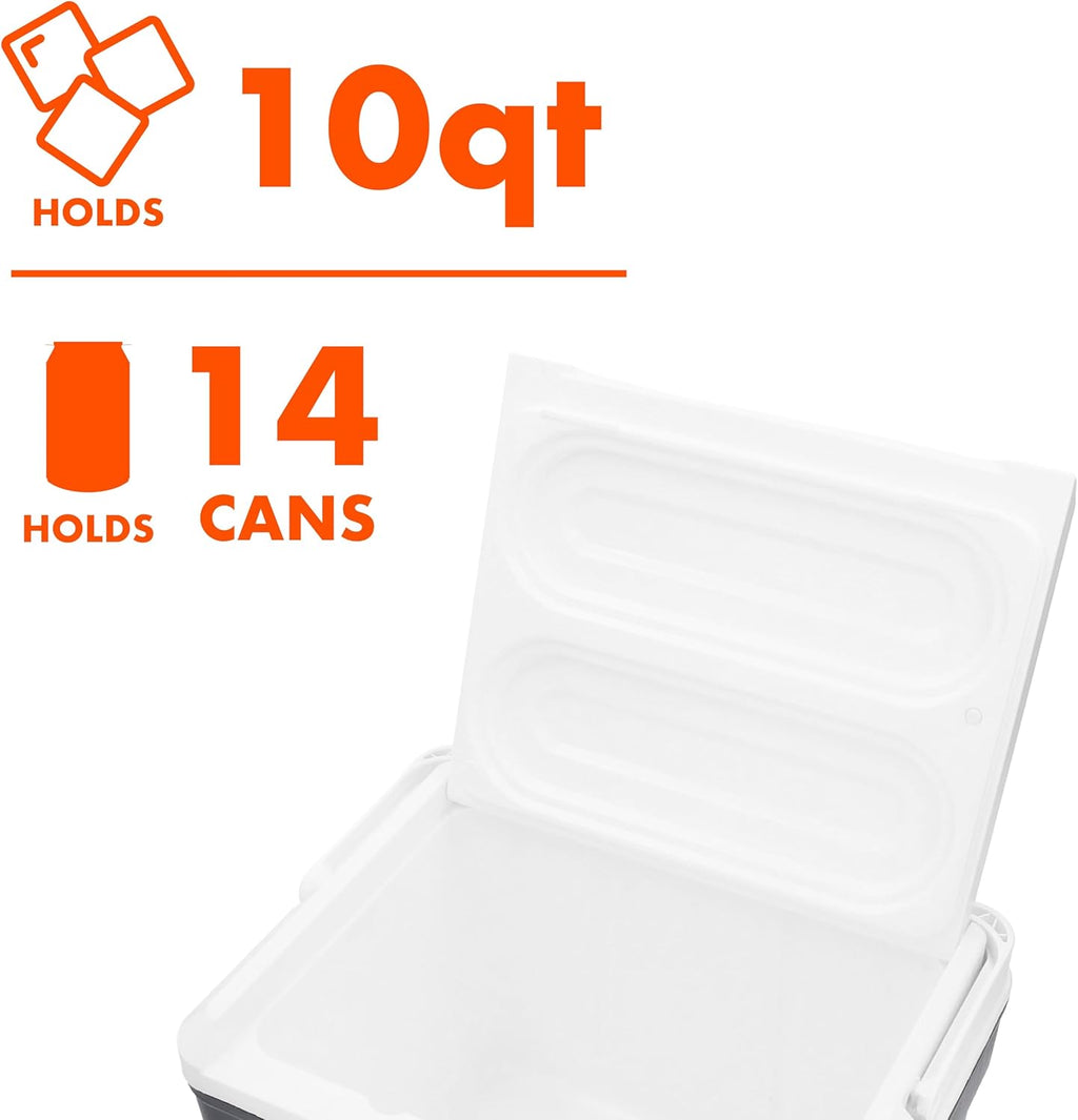 10 QT 14-Can Hard-Sided Cooler Gray, Portable Insulated Ice Chest with Secure Lid, Leakproof Small Cooler Box for