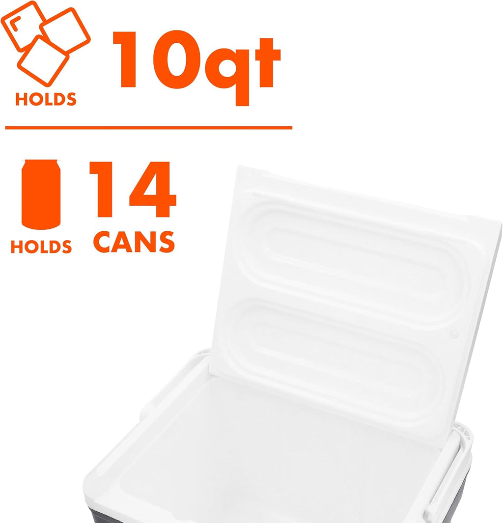 10QT Hard-Sided Insulated Cooler Gray Stores 14 Cans, Compact Leak Resistant Ice Chest, Lightweight Portable Cooler