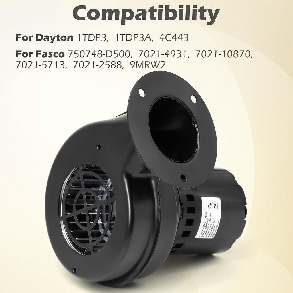 Draft Inducer Blower Motor Compatible with Dayton 1TDP3, 1TDP3A, 4C443, Fasco 50748-D500, 7021-5713, 9MRW2 Wood Furnace & Stove Centrifugal Blower Fan Replacement
