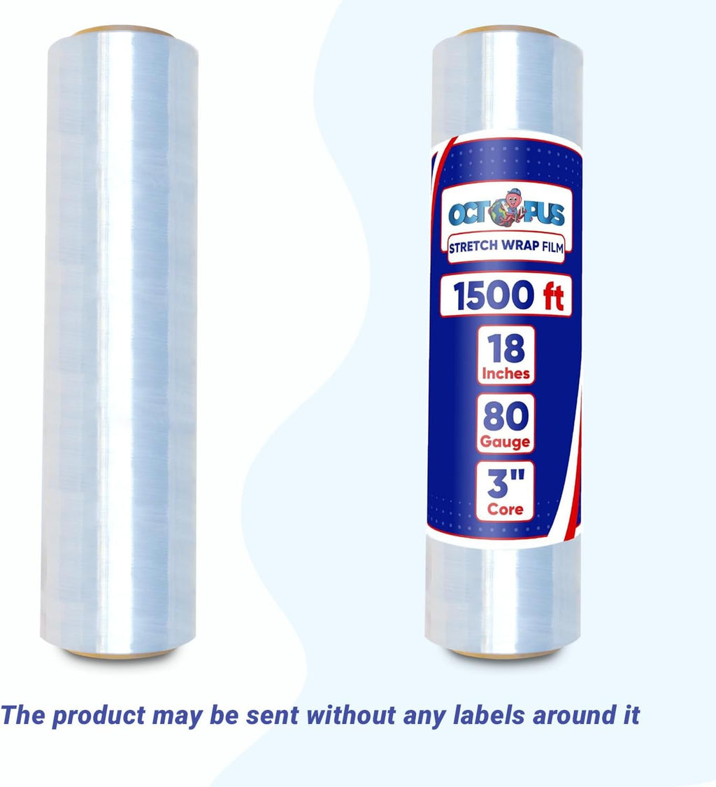Stretch Wrap, Industrial Strength 4 Roll Clear, 18” x 1500 feet, 80 Gauge (20 Micron), Heavy Duty Plastic Shrink Film