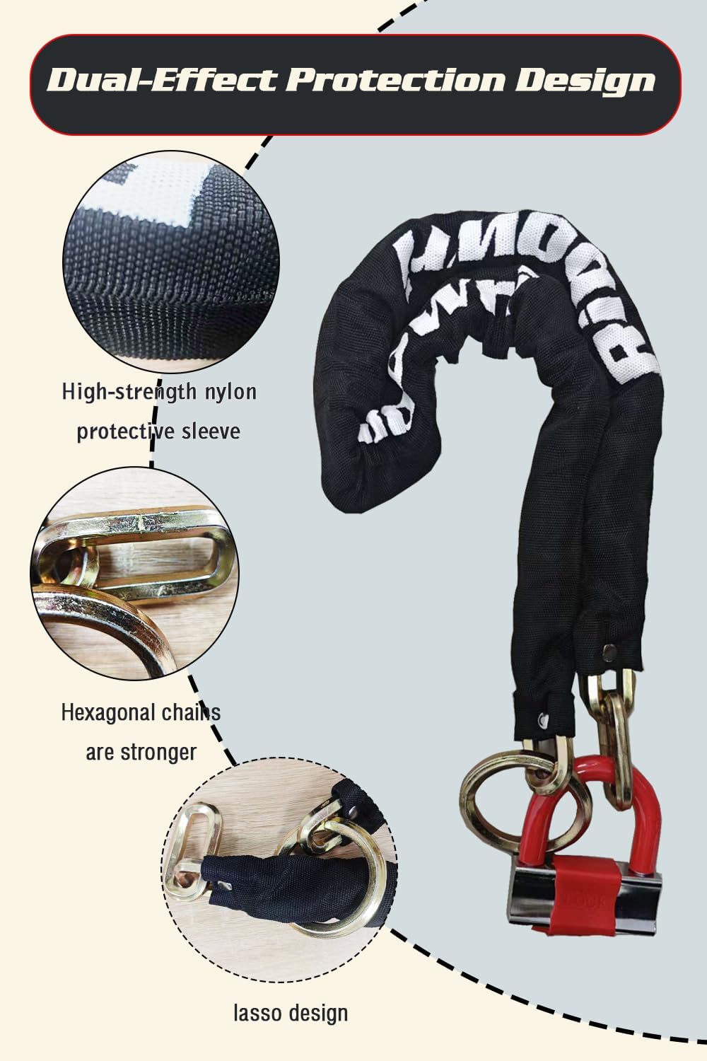 Heavy Duty Motorcycle Chain Lock, 10ft 10mm Thick Cut Resistant Security Chain with 16mm U-Lock & 3 Keys, Anti Theft
