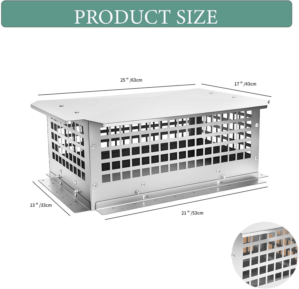Chimney Cap, 13" x 21" Chimney Cover Stainless Steel Fireplace Chimney Flue Caps, Adjustable Metal Strips with Bolts
