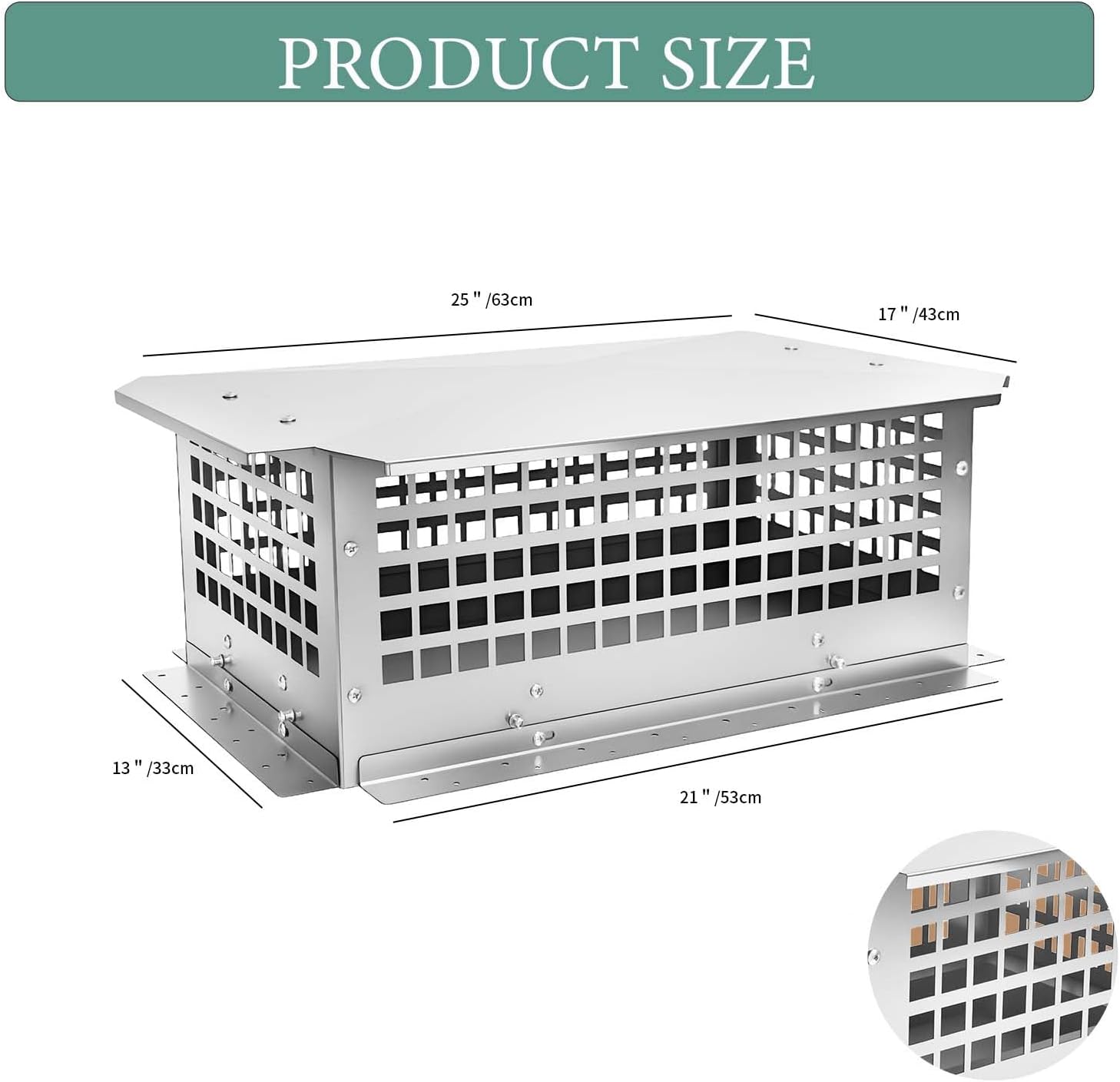 Chimney Cap, 13" x 21" Chimney Cover Stainless Steel Fireplace Chimney Flue Caps, Adjustable Metal Strips with Bolts