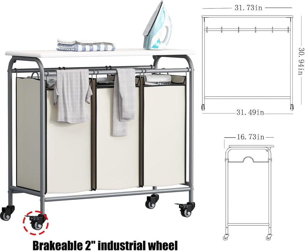 3-Bag Laundry Hamper with Ironing Board, Beige 135L Laundry Sorter | Laundry Room Organization with Heavy Duty