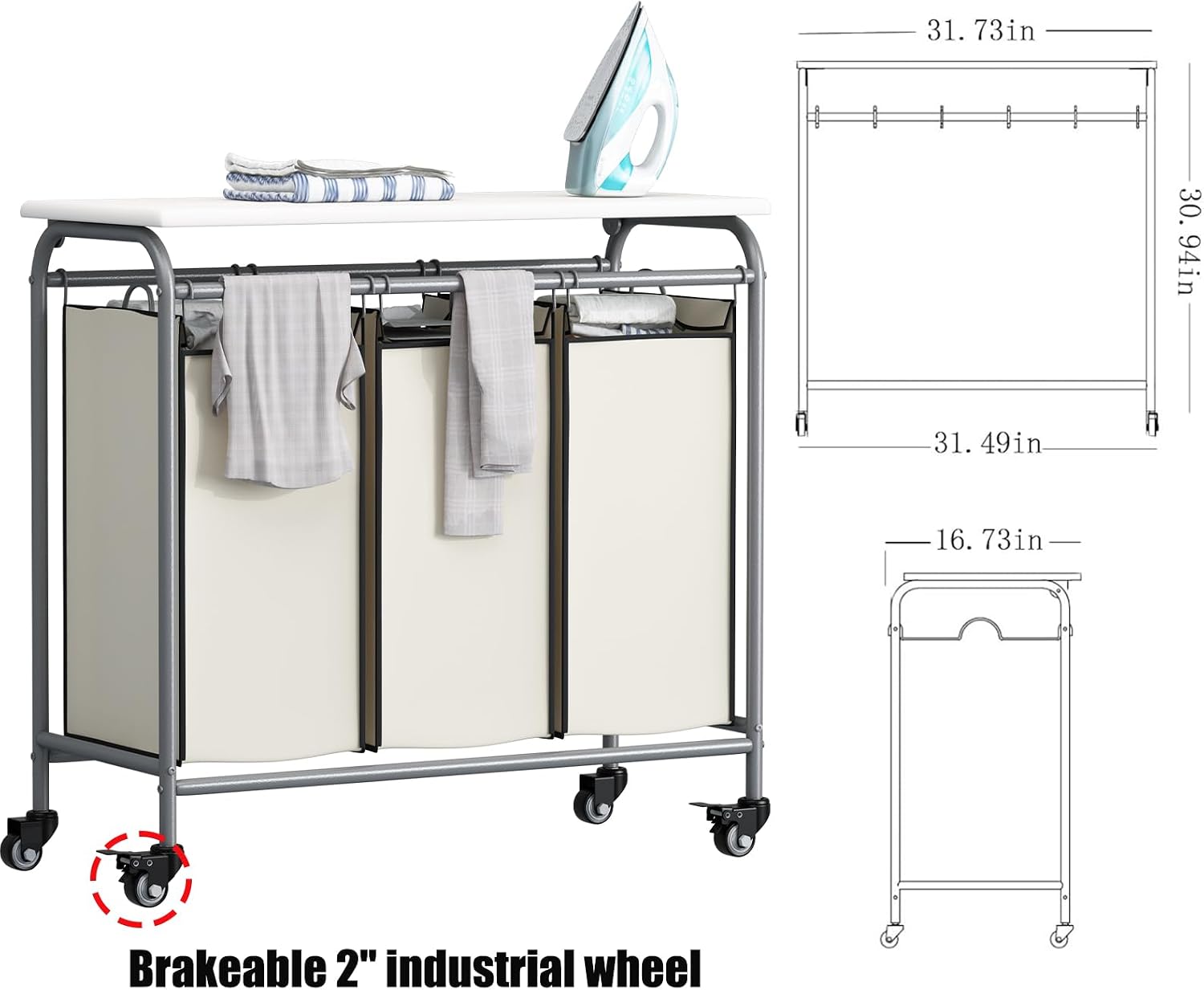 3-Bag Laundry Hamper with Ironing Board, Beige 135L Laundry Sorter | Laundry Room Organization with Heavy Duty