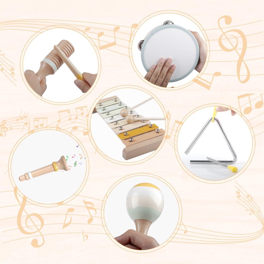 Baby Musical Instruments-Montessori Wooden Toys for Toddlers | Neutral Colors Percussion Instruments Set with Modern