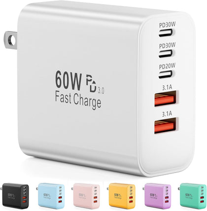 USB C Charger Block, 60W 5-Port Type C Charger Fast Charging Blocks | USBC Multiple Port Wall Charger Plug for iPhone