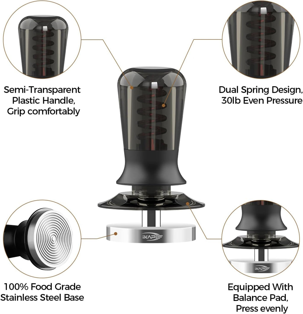51mm Semi-Transparent Espresso Coffee Tamper, Spring-loaded Calibrated Tamper with Premium Threaded Stainless Steel