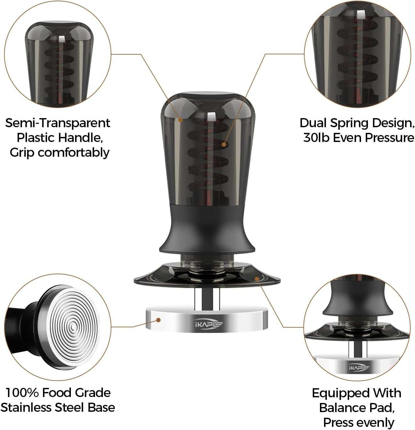 51mm Semi-Transparent Espresso Coffee Tamper, Spring-loaded Calibrated Tamper with Premium Threaded Stainless Steel
