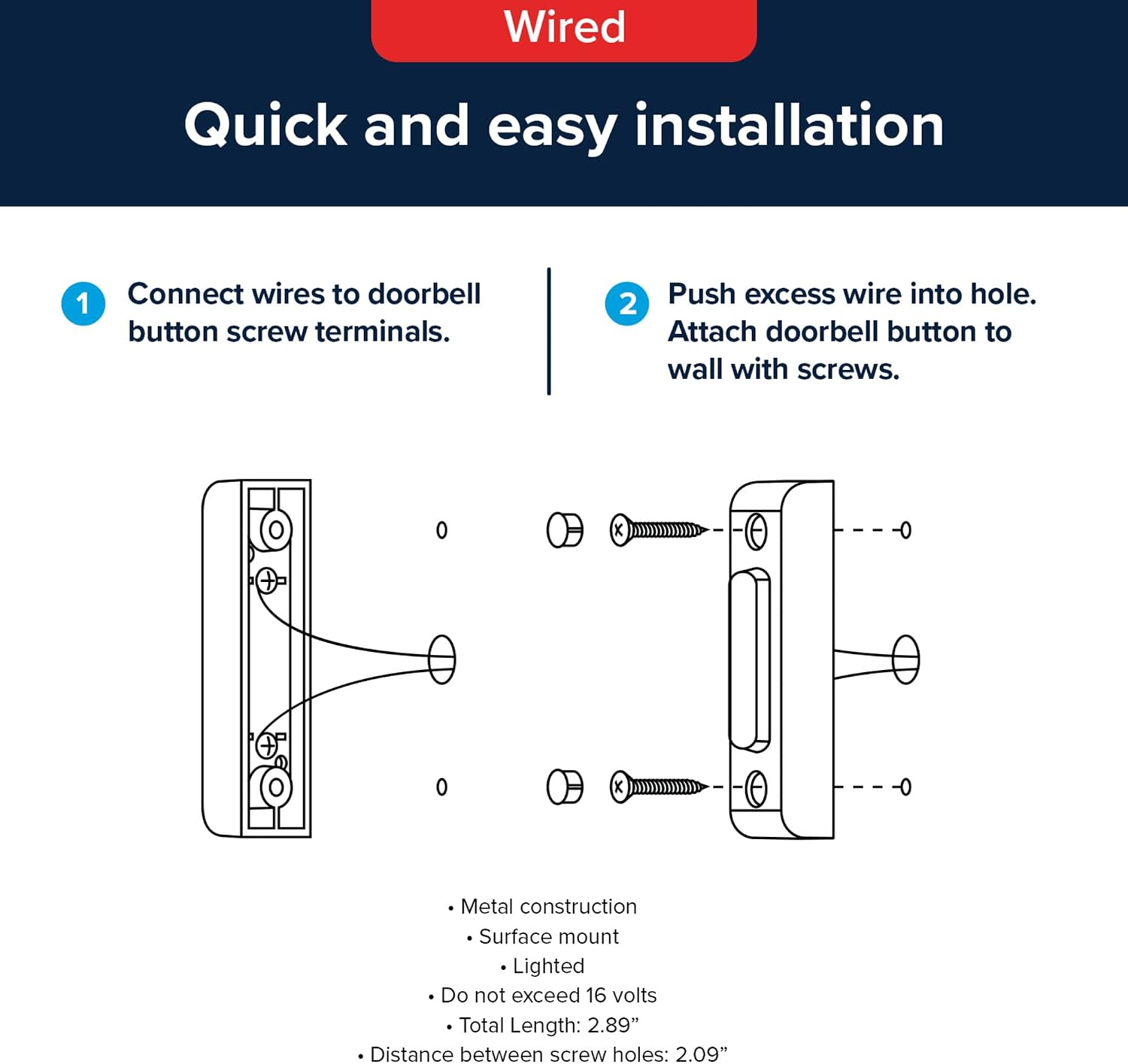 Wired Push Doorbell Button, Oil-Rubbed, Bronze, Metal, Lighted, Surface Mount, Home Improvement, Outdoor