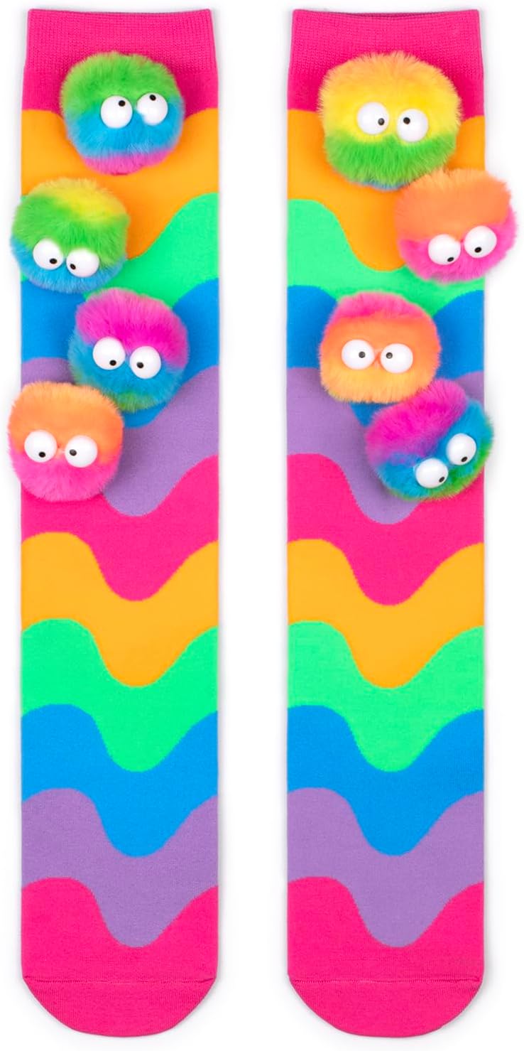 Crazy Socks for Kids Girls 3D Monster Pom Pom Rainbow Knee High Socks | Funny Novelty Wiggle Eye Monster Socks for