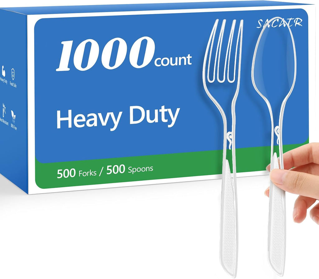 1000 Count Plastic Silverware Heavy Duty -500 Forks, 500 Spoons