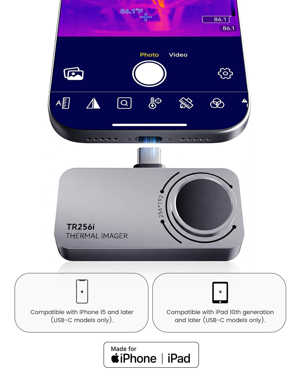 TR256i Thermal Imaging Camera for iOS (iPhone 17/16/15 and iPad w/USB-C), 512×384 Super Resolution Infrared Camera
