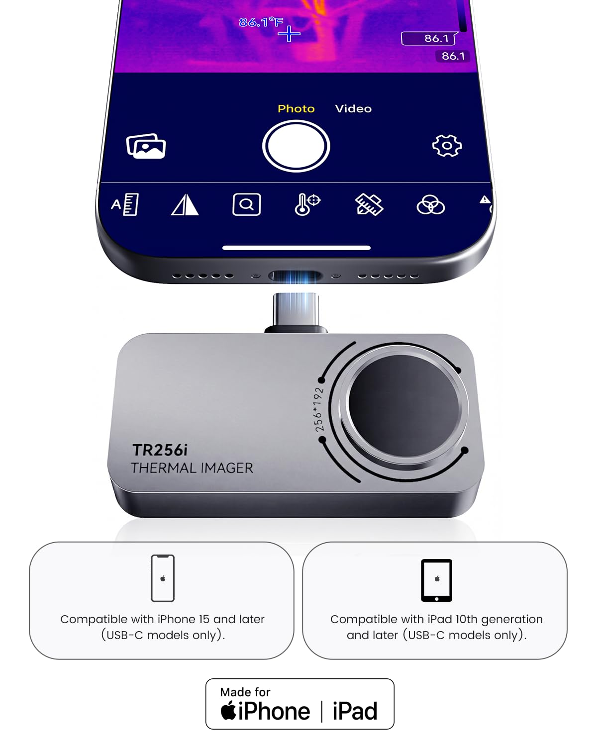 TR256i Thermal Imaging Camera for iOS (iPhone 17/16/15 and iPad w/USB-C), 512×384 Super Resolution Infrared Camera