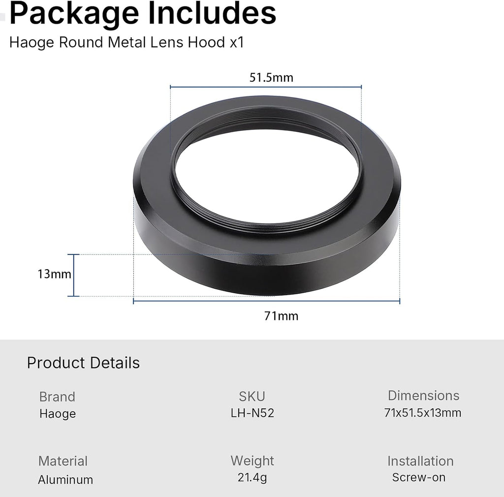 Metal Lens Hood for Nikon NIKKOR Z 40mm f/2, Z 28mm f/2.8, Z 28mm f/2.8 (SE) Lens,Screw Hood, Compatible with 52mm UV