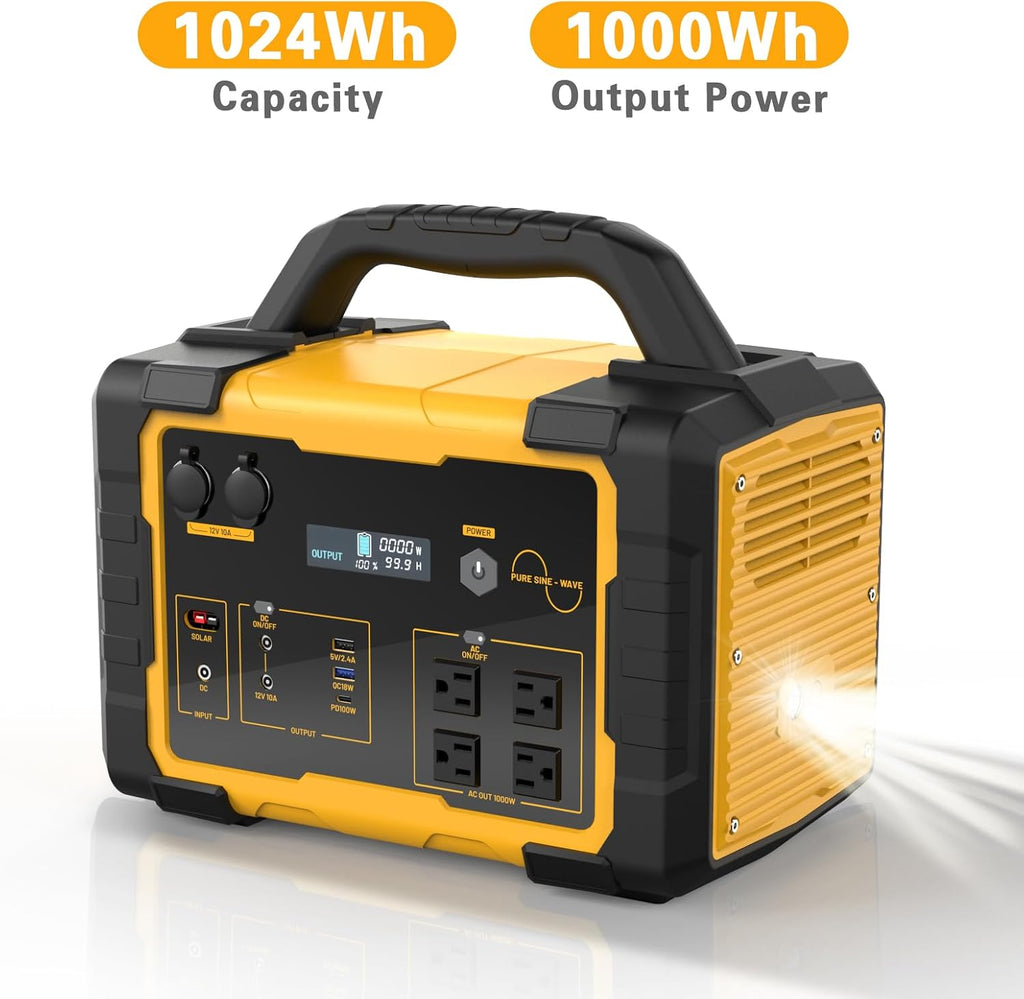 1000W Portable Power Station 1024Wh LiFePO4 for Outdoor & Home | Solar Generator (2000W Peak) Backup Battery, 60W