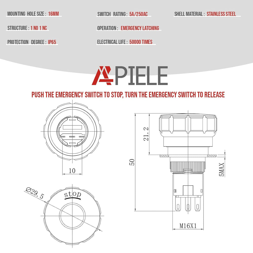 APlELE Emergency Stop Pushbutton Switch 1NO1NC 250V 5A Red Emergency Stop Push Button Switch with Quickconnect Terminals (No LED, 16 mm)