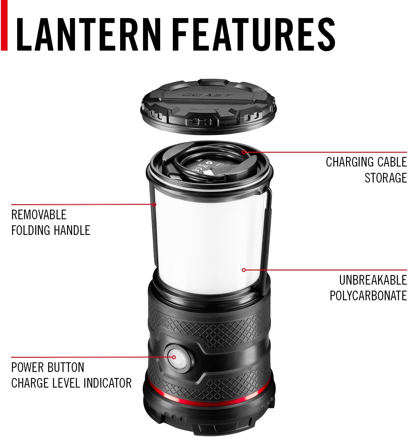 EAL30R 1000 Lumen Rechargeable Emergency Camping Lantern with Warm, Day, Red & Red Flashing Mode, Foldeable Handle