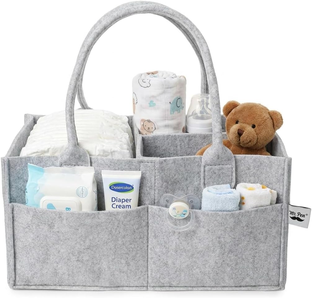 Baby Diaper Caddy Organizer, Gray, Medium, Nursery Storage Bin and Car Organizer for Diapers and Baby Wipes