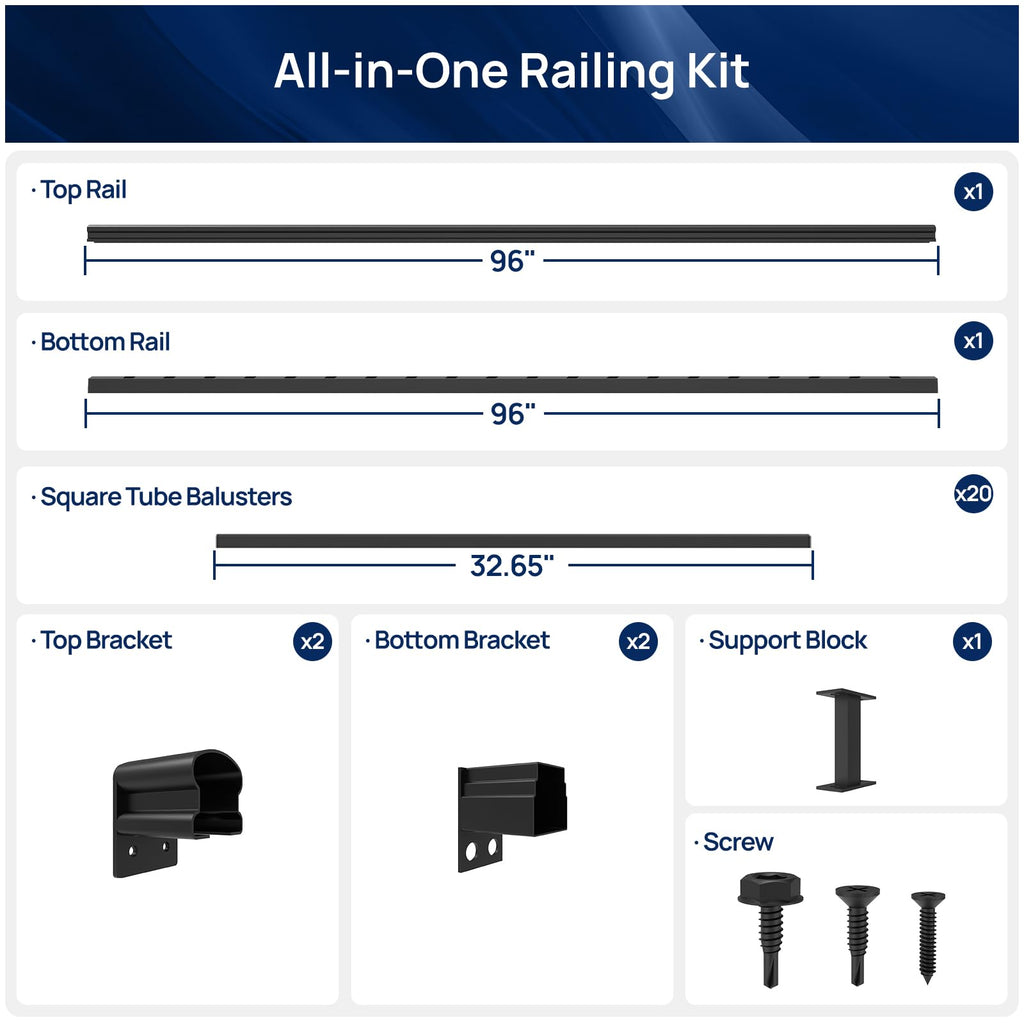 1 Pack 36 in x 8 ft Aluminum Porch and Deck Railing Kit Without Post