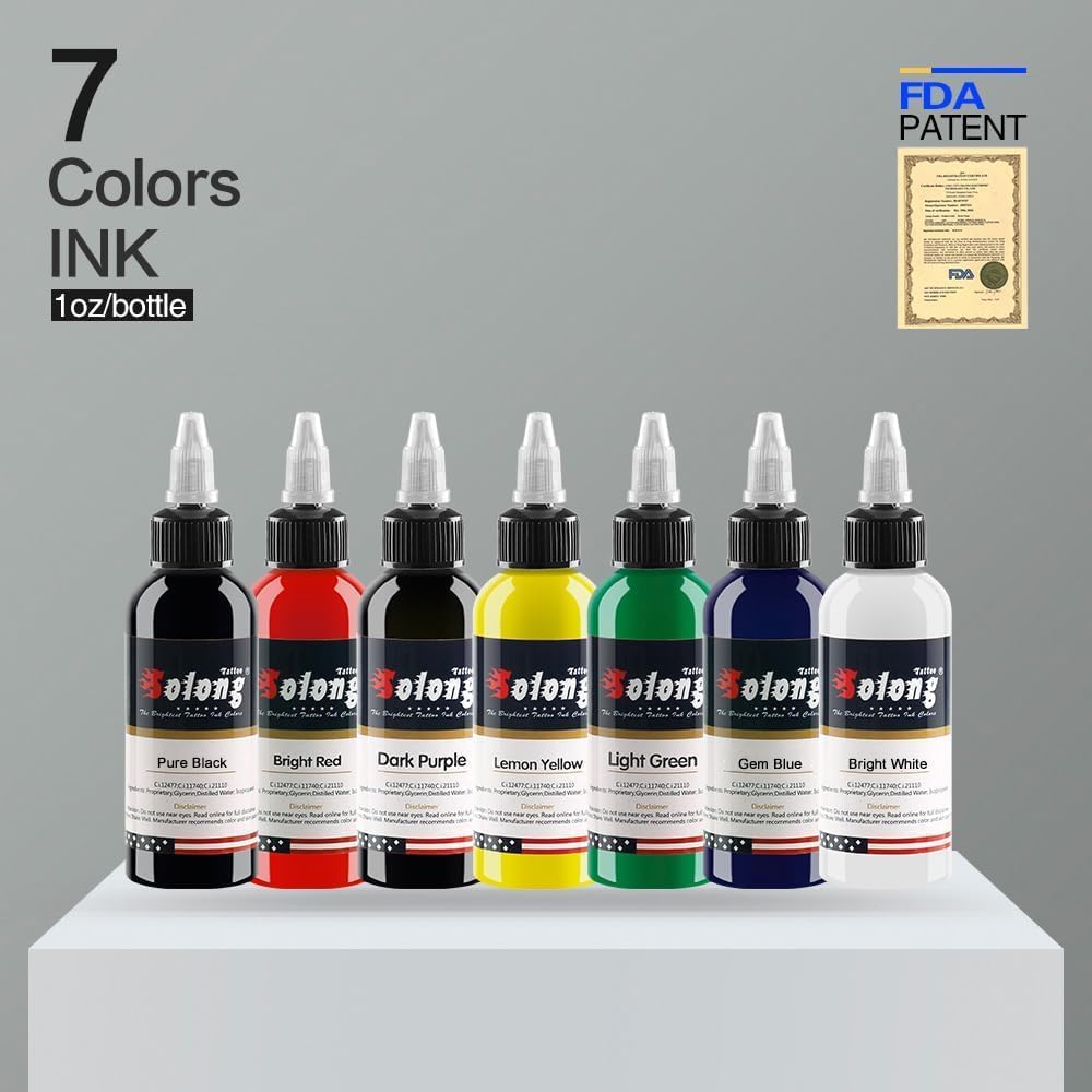 Tattoo Ink,Solong Tattoo Ink Color Set Easy to Mix Professional Tattoo Ink Set 1 OZ 7 Basic Pigment Kit Colors