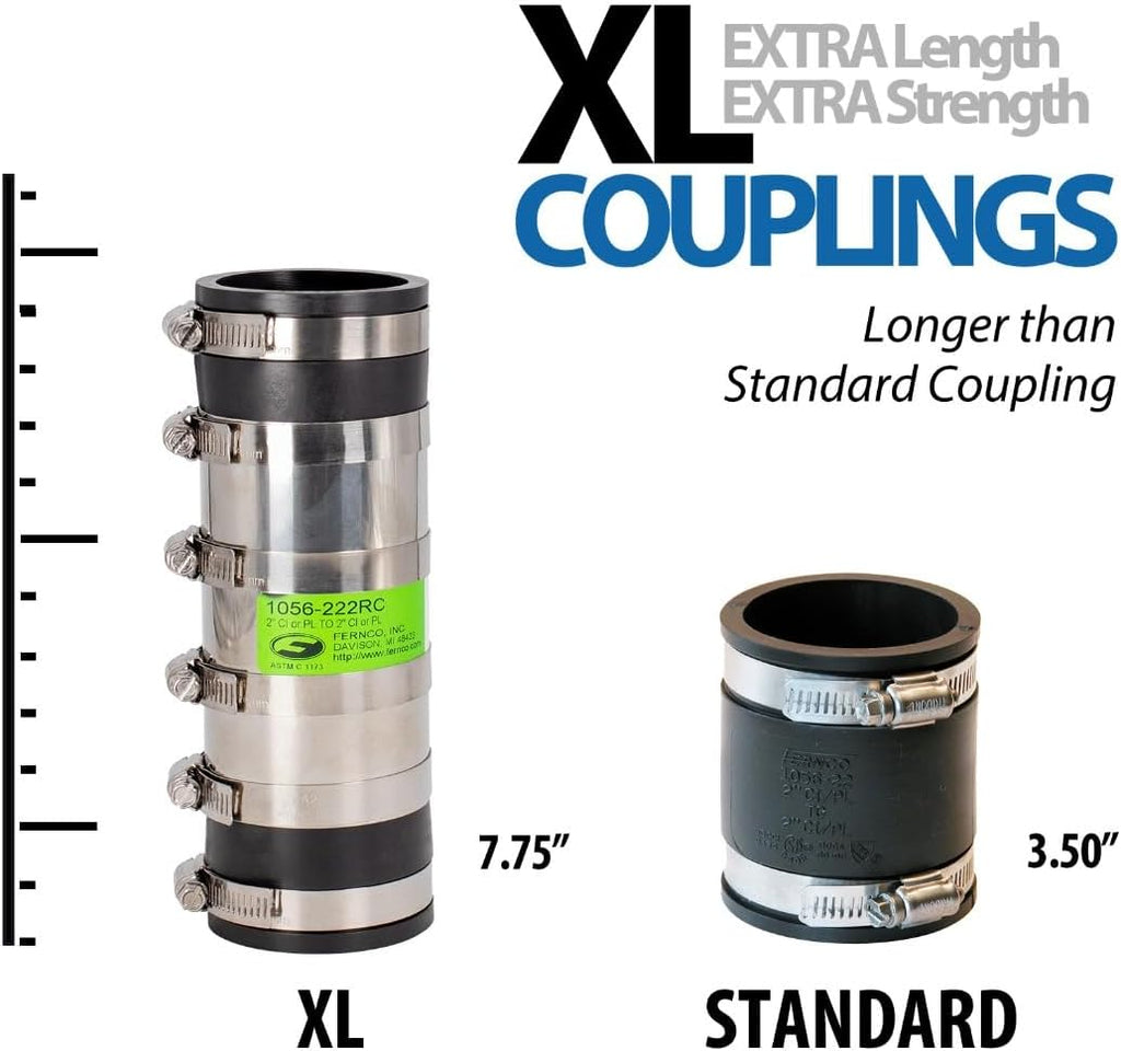 Fernco 2-inch XL Flexible Pipe Coupling Connector Fitting with Stainless Shield, Below Ground Plastic, Cast Iron, Steel