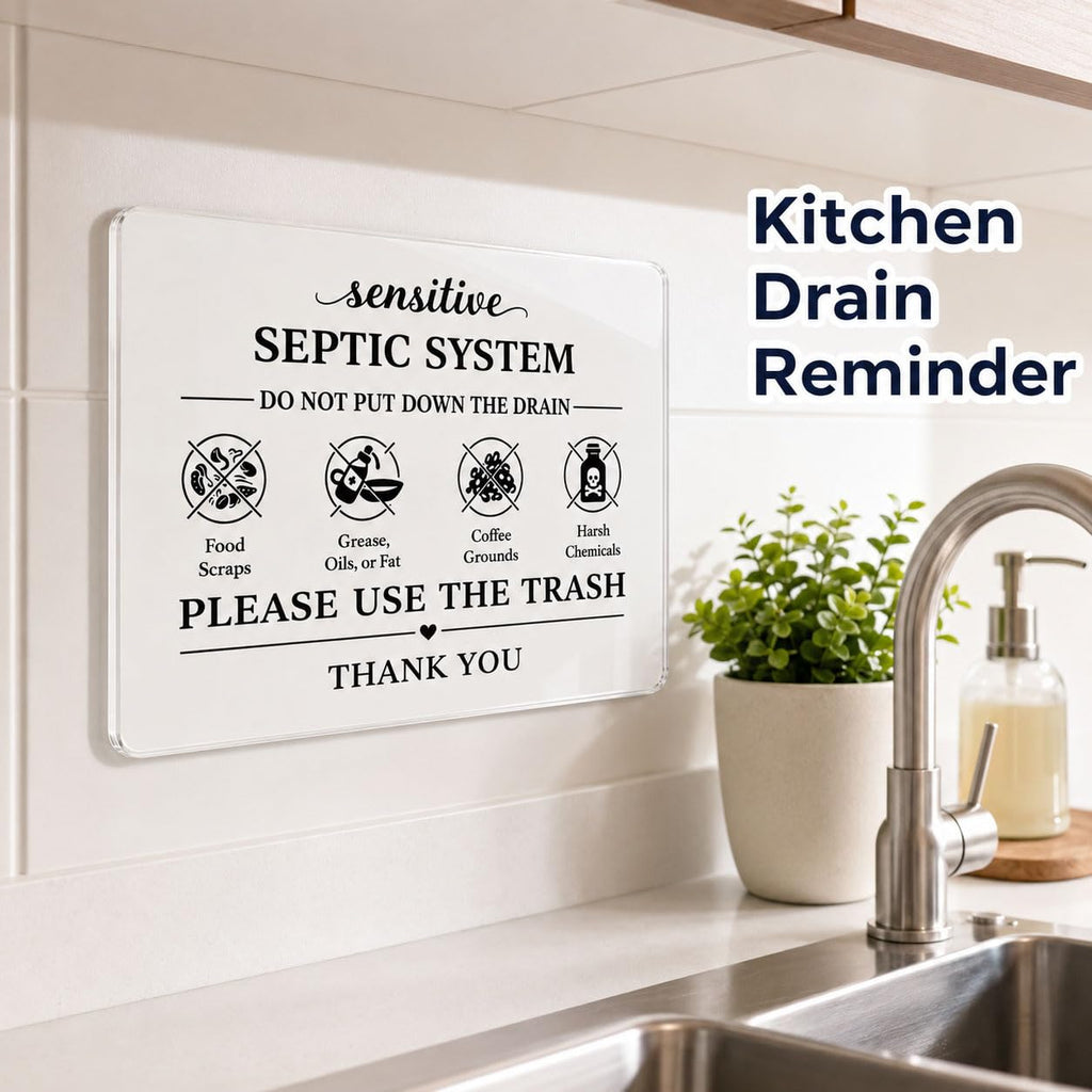 Septic System Drain Reminder Sign: 7 x 5 Inch Adhesive Acrylic