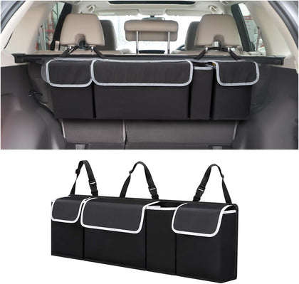 Car Trunk Organizer with Lid, Backseat Hanging Storage Bag with 4 Pockets & 3 Adjustable Straps, Waterproof PVC