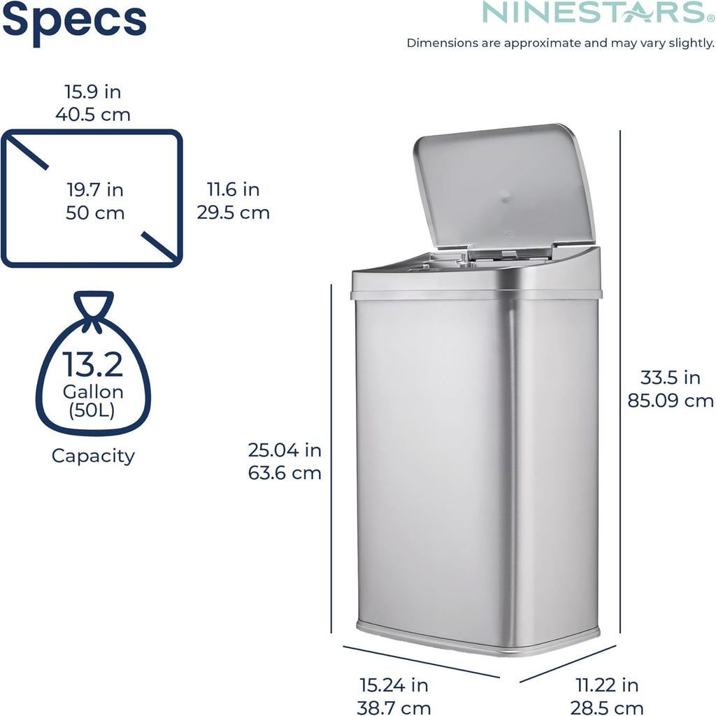13 Gallon Automatic Trash Can, 50L Touchless Motion Sensor Garbage Can with Odor-Sealing Lid, Rectangular Stainless