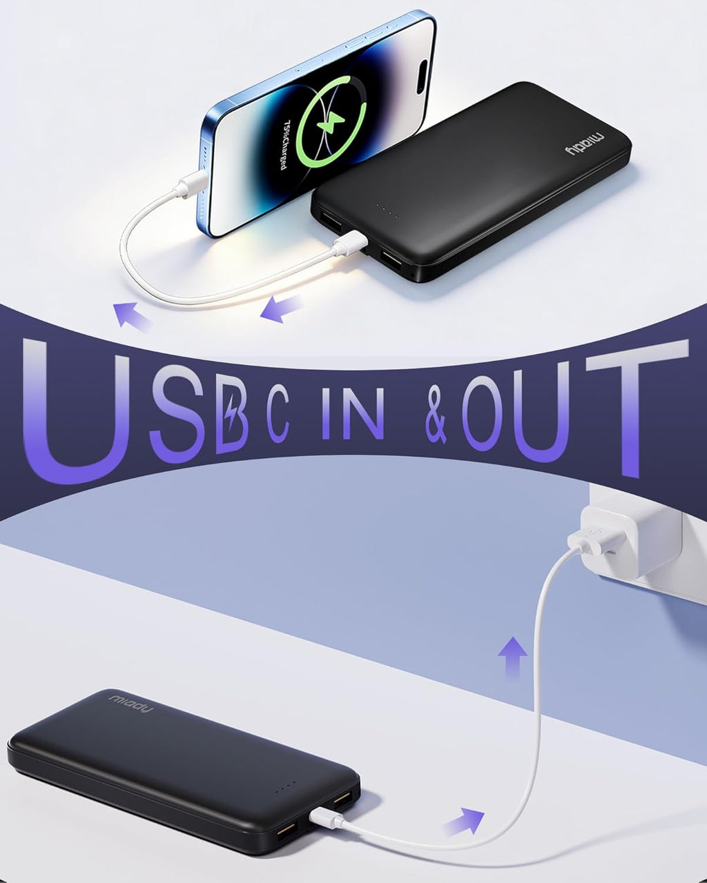 2-Pack Portable Charger, Slim 10000mAh Power Bank Travel Battery Pack 3 Outputs 2 Inputs Compatible with iPhone