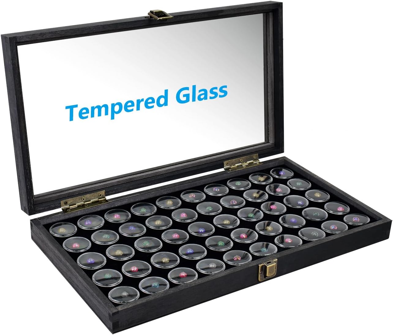 Glass Top Black Jewelry Display Case Box 50 Gem Jars | Black glass-top jewelry case with 50 gem jars keeps gemstones