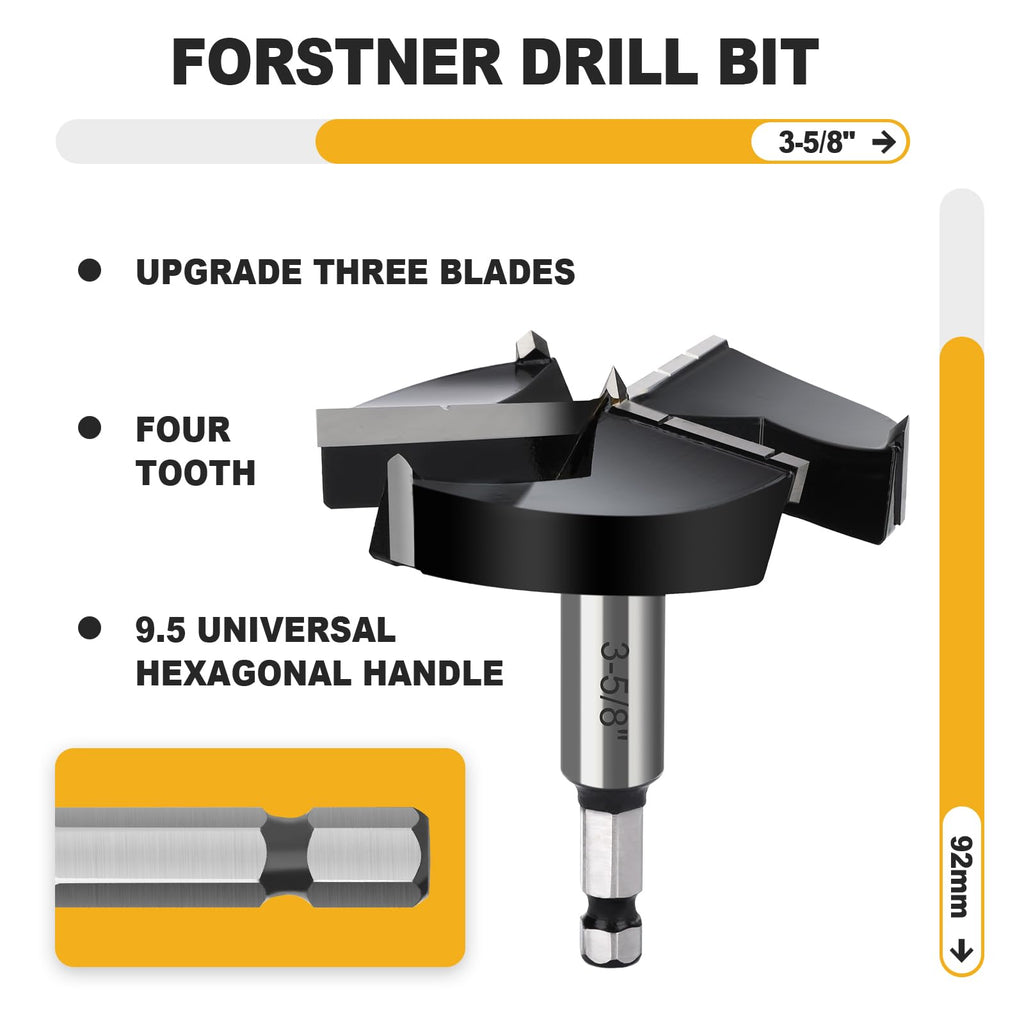 WOBLLMX 3-5/8" Forstner Drill Bit with 3/8" Quick Change Hex Shank