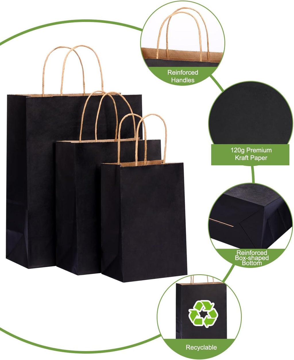 100pcs Black Paper Bags with Handles Bulk, Gift Bags Assorted Sizes
