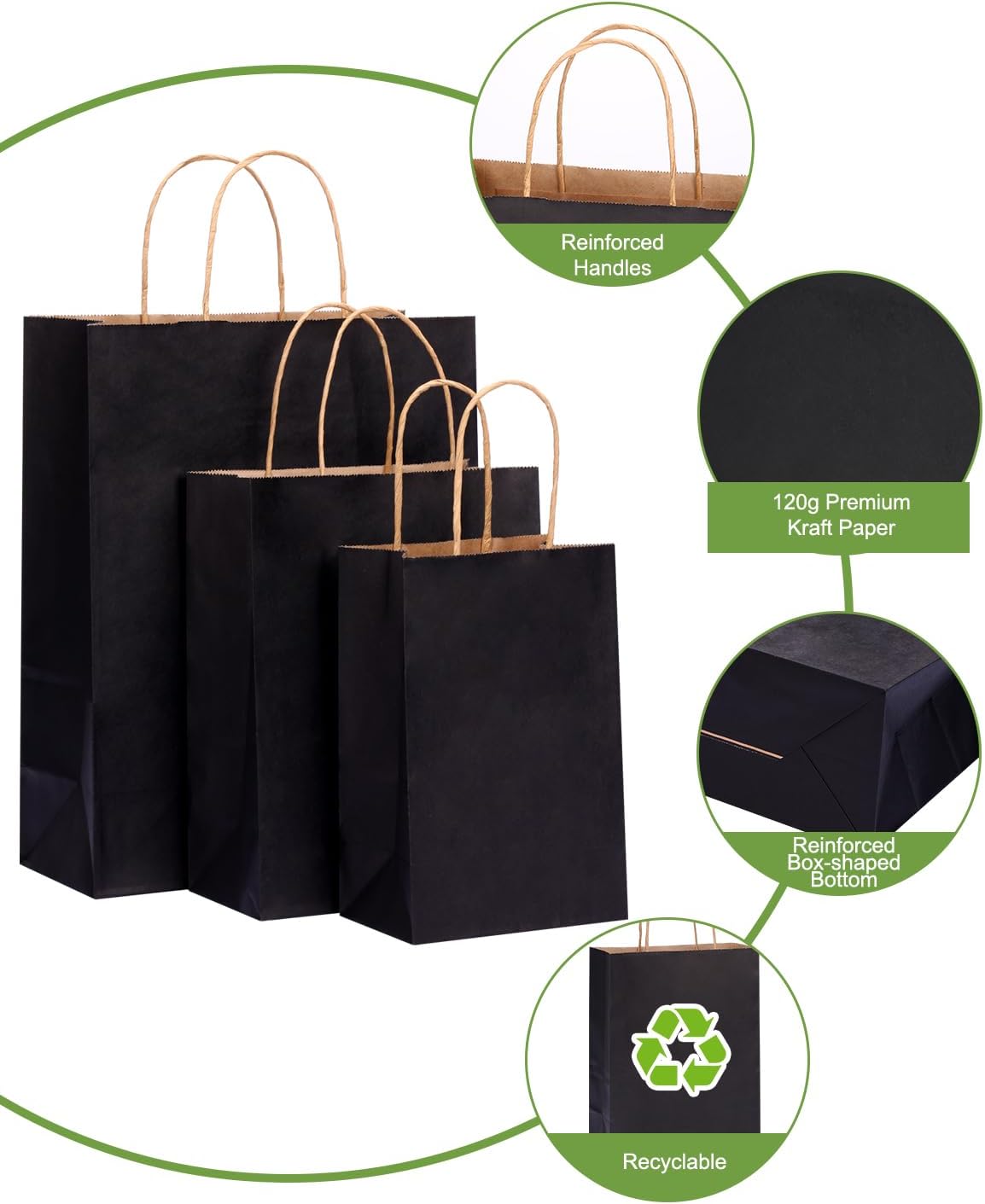 100pcs Black Paper Bags with Handles Bulk, Gift Bags Assorted Sizes
