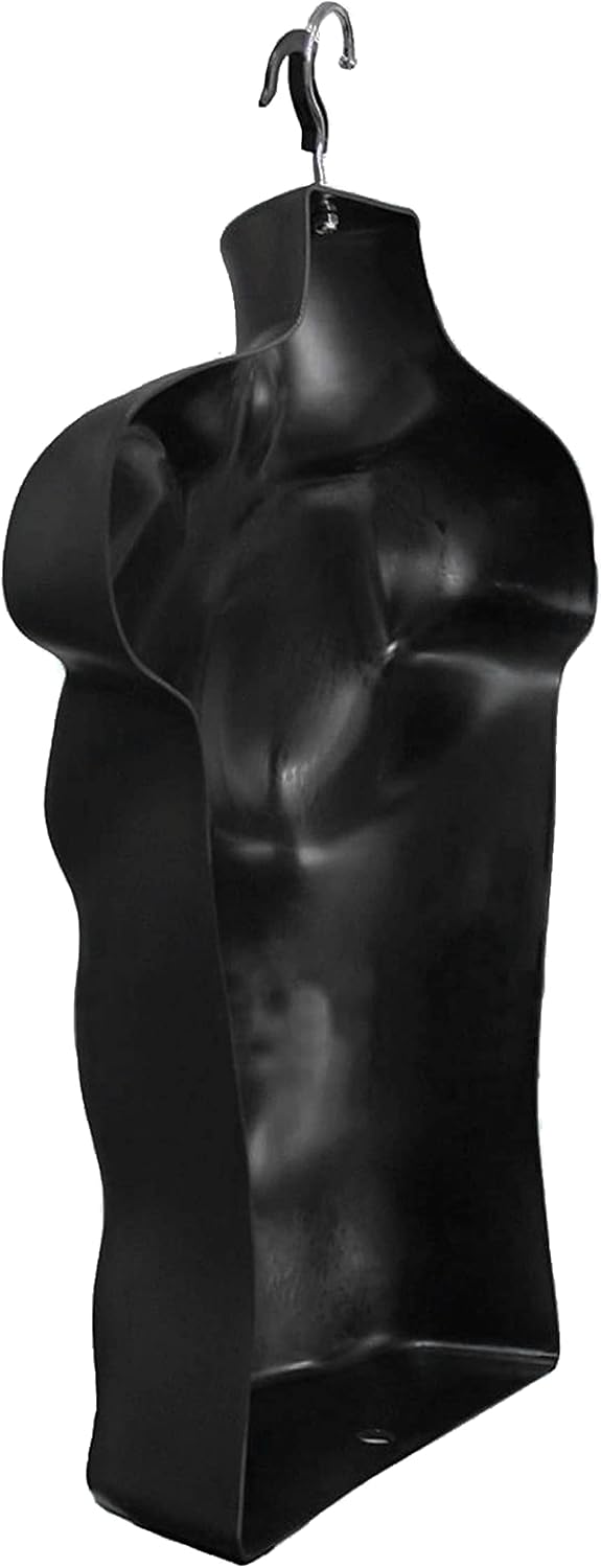 Black Male Mannequin Torso Hollow Back Body Stackable Dress Form with Hanging Hooks for Tshirt Display, Countertop
