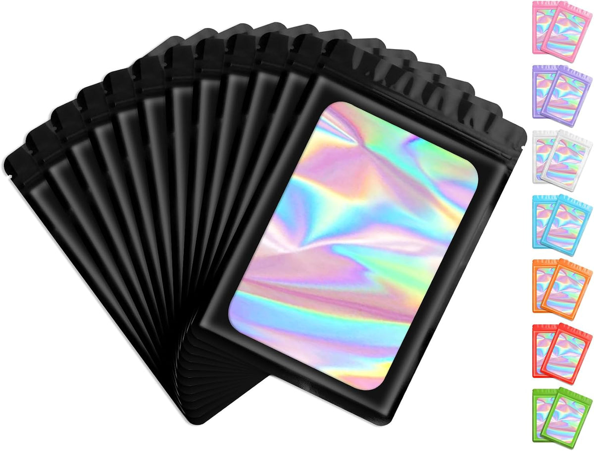 100 Pack Resealable Holographic Bags, Smell Proof Packaging, Black