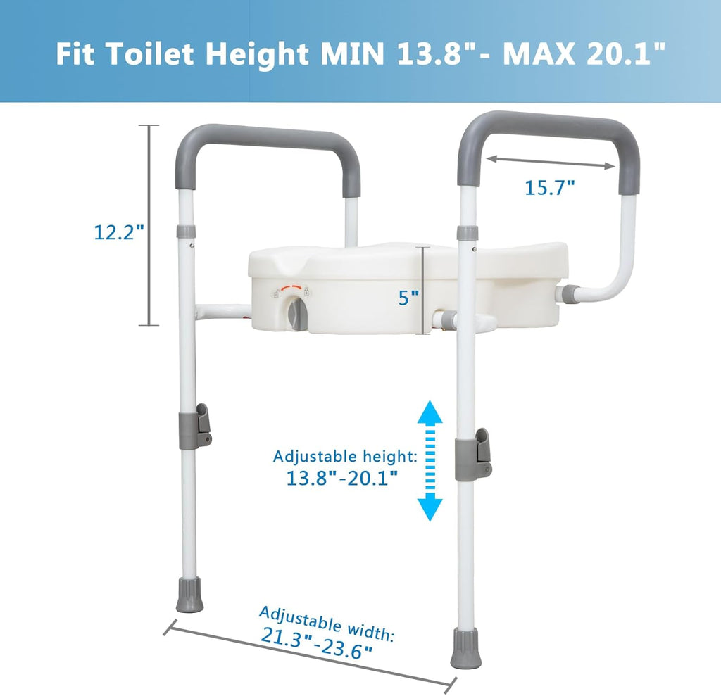 Raised Toilet Seat with Handles for Elderly - Toilet Seat Risers for Seniors with Adjustable Padded Arms - Elevated